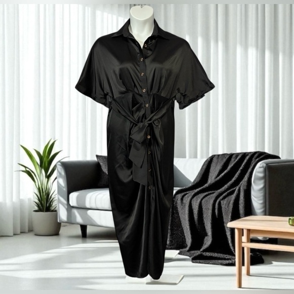 NEW / BTFBM (Amazon), Satin Ruched Shirt Dress, 2XL (Fits Smaller), Black - Picture 5 of 12